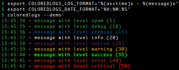 Screen shot of colored logging with custom date/time format.