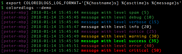 Screen shot of colored logging with custom log format.